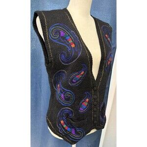 Tricots Large Vintage 100% Wool Embroidered Sweater Vest Women's Paisley Black